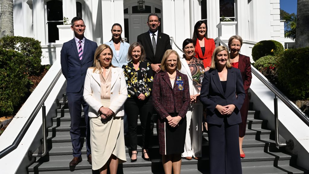 Queensland Premier Annastacia Palaszczuk is seen with her new ministers during a swearing-in ceremony following a cabinet reshuffle, at Government House in Brisbane, Thursday, May 18, 2023. (AAP Image/Darren England) 