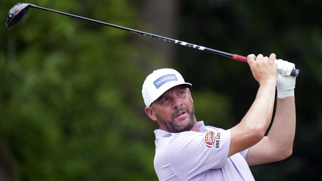 Michael Block hits a tee shot on the sixth hole during the first round of the Charles Schwab Challenge golf tournament . (AP Photo/LM Otero)