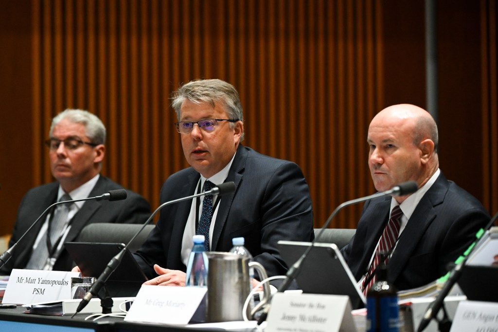 Associate Secretary of the Department of Defence Matt Yannopoulos speaks during Senate Estimates. (AAP Image/Lukas Coch) 