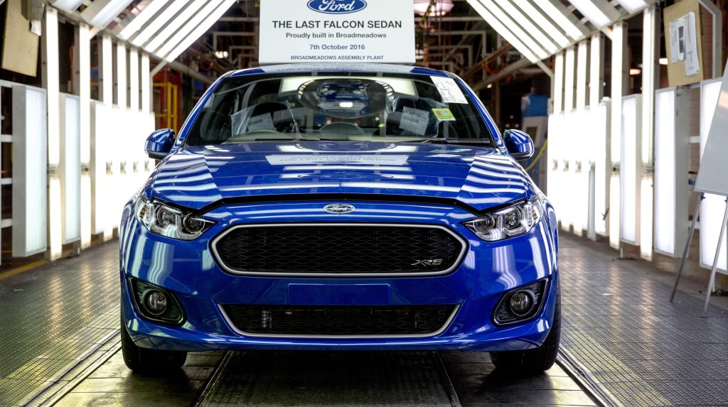 The last Ford Falcon built at the Broadmeadows assembly plant leaves the production line almost 10 years ago.  Another 400 Ford employees are about to lose their jobs. (AAP Image/Supplied by Pulse Communication) 