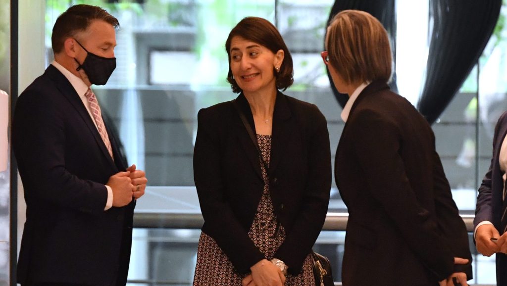 Former NSW Premier Gladys Berejiklian (centre) and her lawyer Sophie Callan SC arrive at the Independent Commission Against Corruption (ICAC) hearing in Sydney. (AAP Image/Mick Tsikas) 