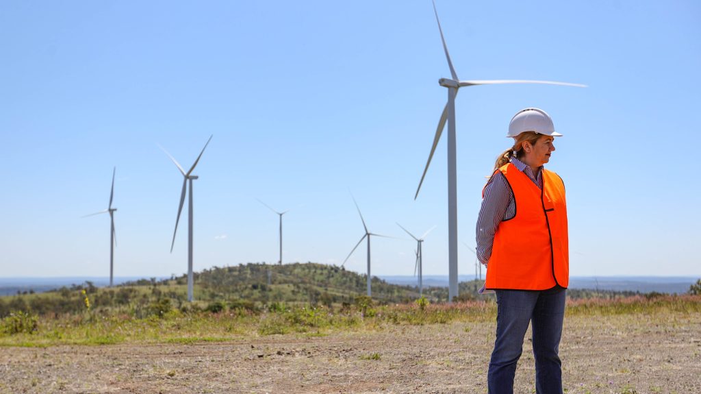 Former Queensland Premier Annastacia Palaszczuk is seen during a press conference at a wind farm in the South Burnett district of Queensland,. (AAP Image/Russell Freeman) 