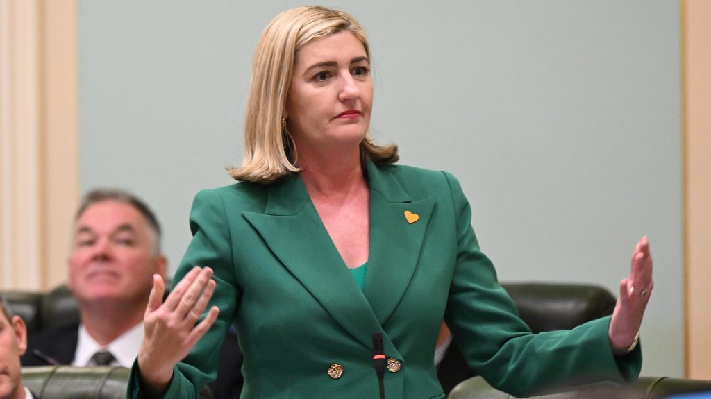 Queensland Minister for Health, Mental Health and Ambulance Services and Minister for Women,
Shannon Fentiman (centre) is seen during question time at Queensland Parliament House in Brisbane, Wednesday, May 24, 2023. (AAP Image/Darren England) 