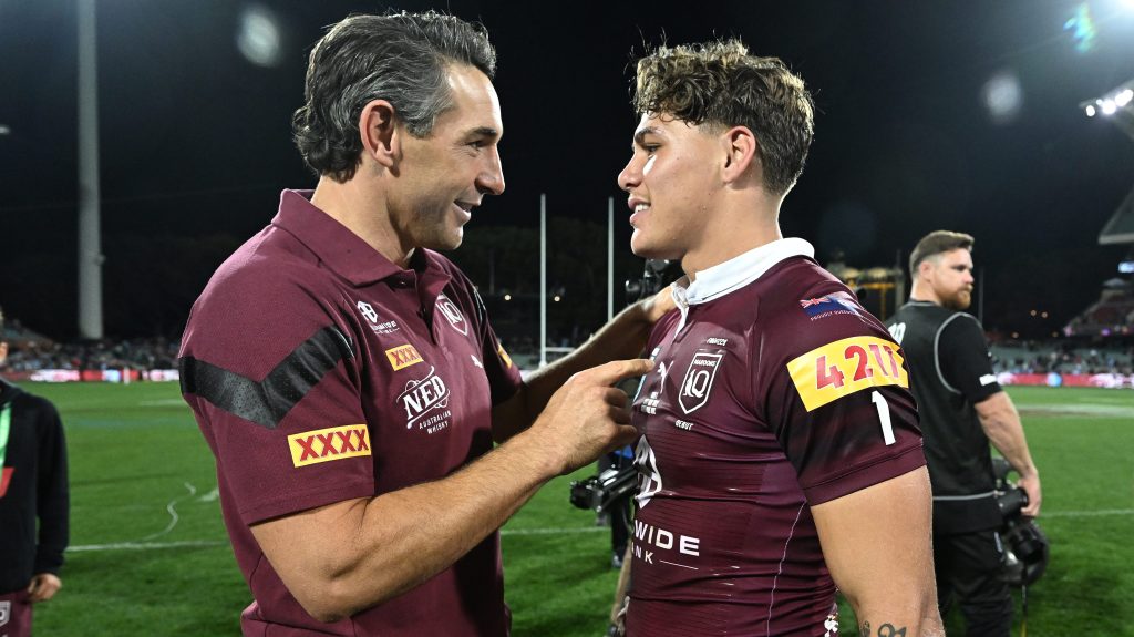 Maroons coach Billy Slater congratulates Reece Walsh following State of Origin 2023 - Game 1 between the NSW Blues and the Queensland Maroons at Adelaide Oval in Adelaide, Wednesday, May 31, 2023. (AAP Image/Dave Hunt) 