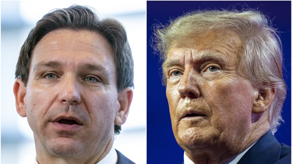 The leading contenders for the Republication Party nomination in the 2024 US presidential election, Florida Gov. Ron DeSantis, left, and former President Donald Trump, right.  (AP Photo/Alex Brandon, File)