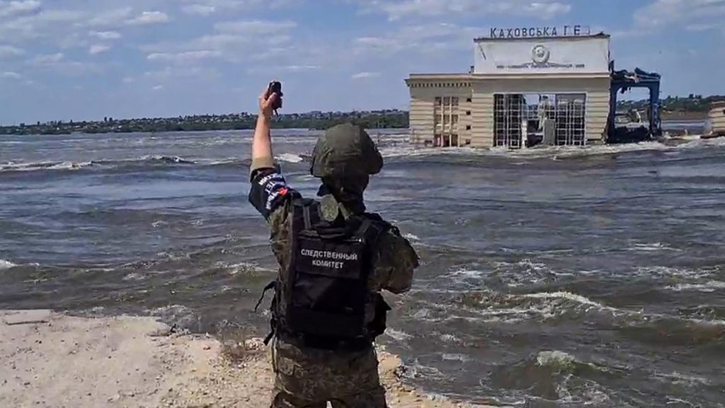 This video screen grab shows a flooded area in Novaya Kakhovka, The flood occured after a dam was breached at the Kakhovka Hydroelectric Power Plant.  Russian Investigative Committee/TASS/Sipa USA