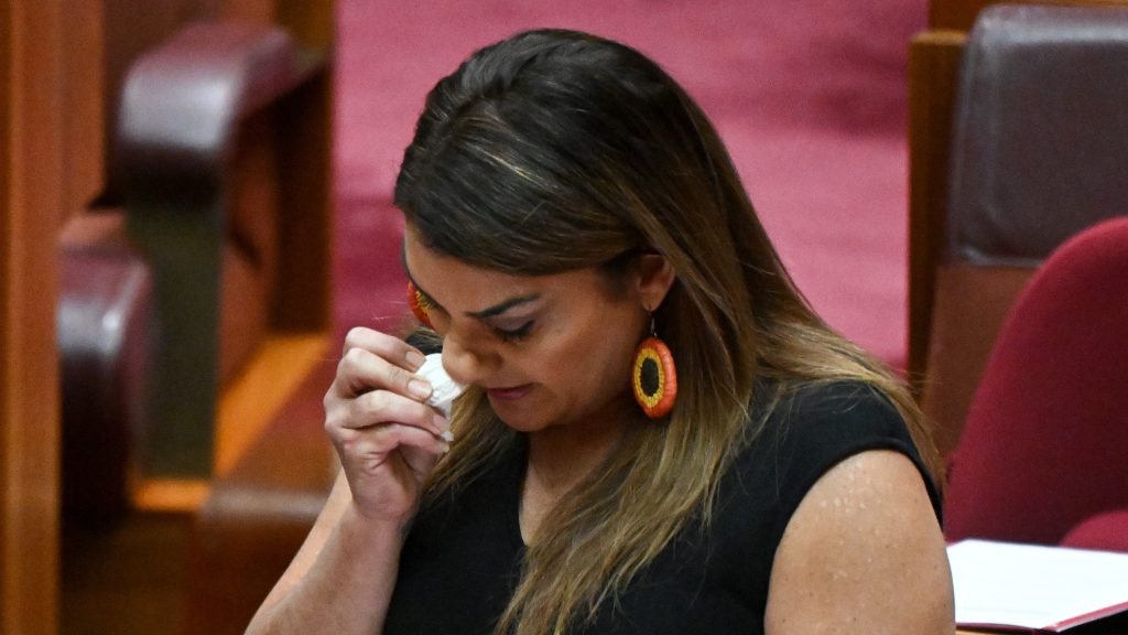 Independent Senator Lidia Thorpe reacts as she makes a personal statement in the Senate chamber at Parliament House in Canberra, Thursday, June 15, 2023. (AAP Image/Lukas Coch) 