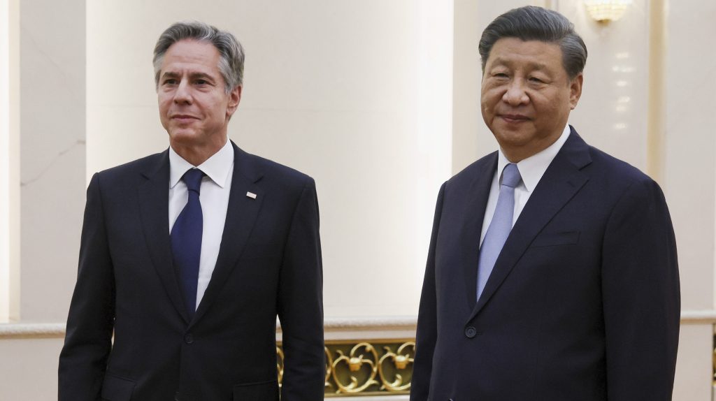 U.S. Secretary of State Antony Blinken meets with Chinese President Xi Jinping in the Great Hall of the People in Beijing, China, Monday, June 19, 2023. (Leah Millis/Pool Photo via AP)