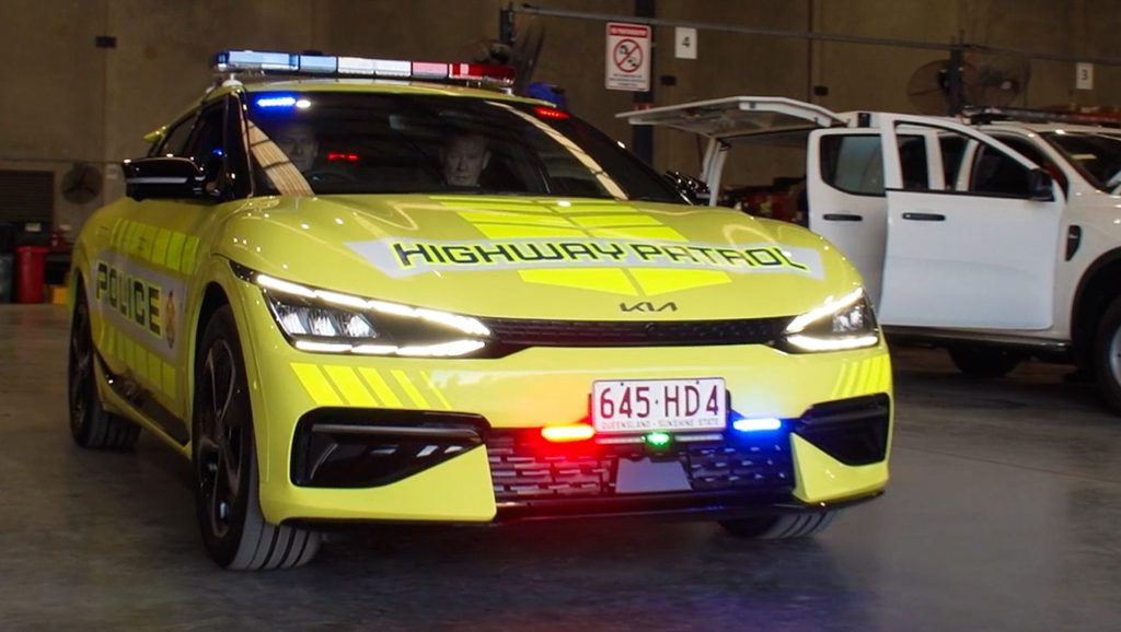 A supplied image obtained on Wednesday, June 21, 2023, shows a Kia EV6 GTLine Highway Patrol car, the first to join the fleet of the Queensland Police. (AAP Image/Supplied by Queensland Police Service) NO ARCHIVING, EDITORIAL USE ONLY