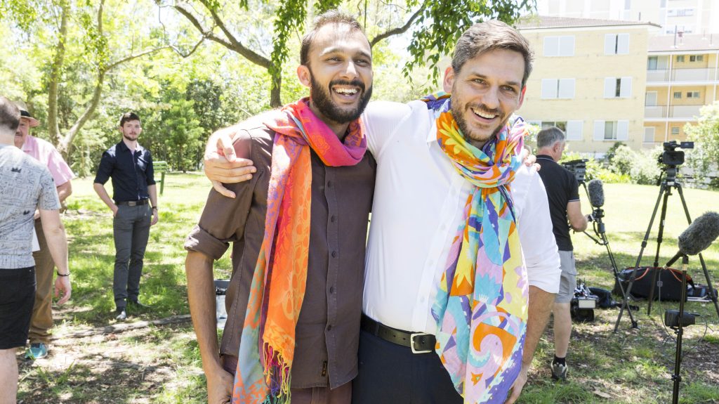 Greens Member for Maiwar, Michael Berkman and former Brisbane City councillor Jonathan Sri  at a press conference in Brisbane, Thursday, December 7, 2017. Michael Berkman now holds the seat of Maiwar for the Greens and Sri will contest the Lord Mayoralty. (AAP Image/Glenn Hunt)