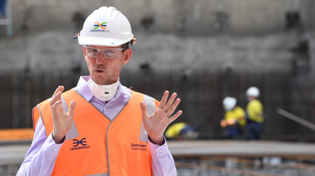 Queensland Transport and Main Roads Minister, Mark Bailey at a press conference during a tour of the Cross River Rail project in Brisbane. (AAP Image/Darren England) 
