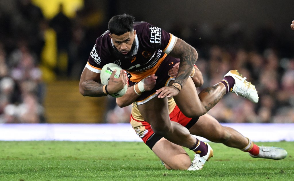 Payne Haas of the Broncos in action during the NRL Round 18 match between the Brisbane Broncos and the Redcliffe Dolphins at The Gabba. (AAP Image/Darren England) 