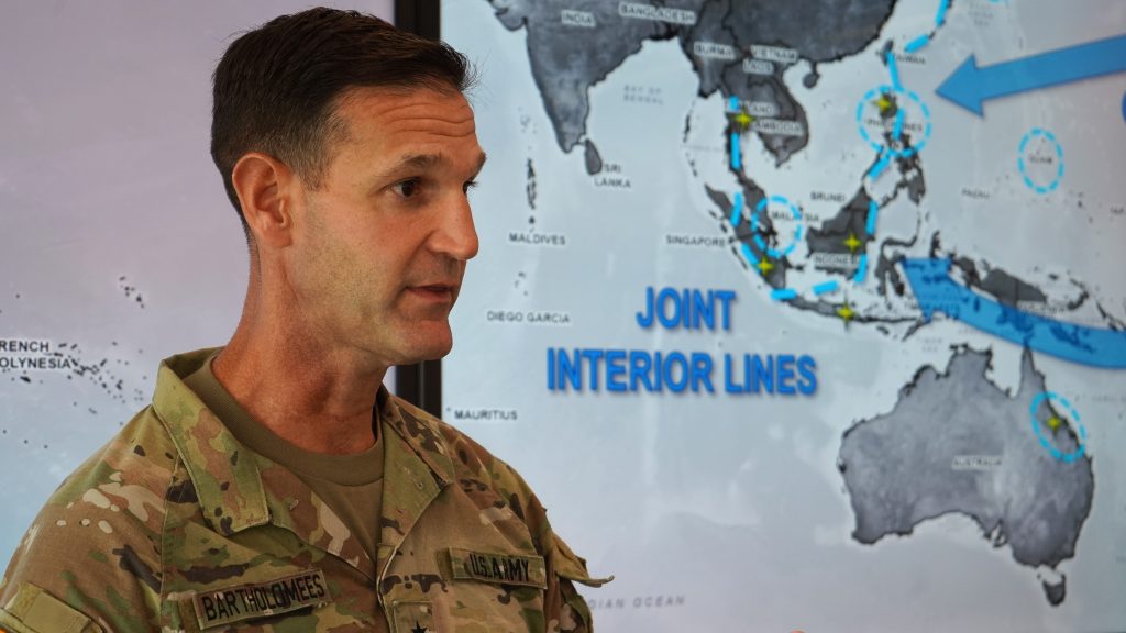 Brigadier General James B. Bartholomees holds a briefing at the US Army Pacific HQ in Honululu in Hawaii, Thursday, July 20, 2023. A top US army brigadier general in the Pacific says America could step in and help plug gaps in Australia's ability to transport land vehicles in a conflict. (AAP Image/Dominic Giannini) 