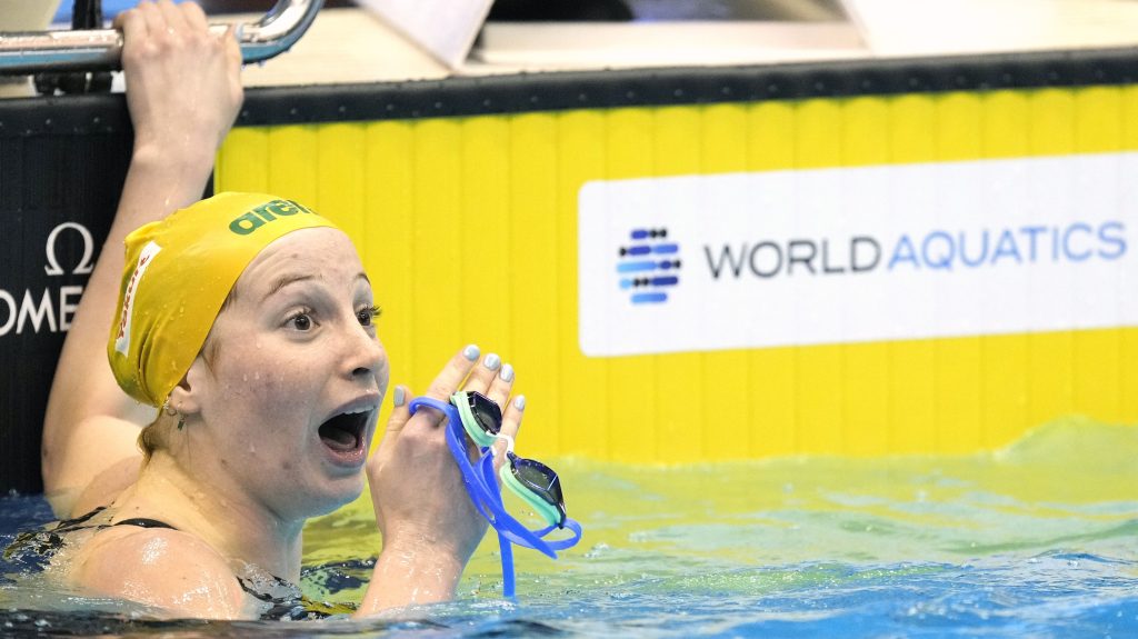 Mollie O'Callaghan of Australia reacts after setting a new world record and winning the Women's 200m Freestyle final of the Swimming events during the World Aquatics Championships in Fukuoka, Japan, 26 July 2023.  EPA/FRANCK ROBICHON