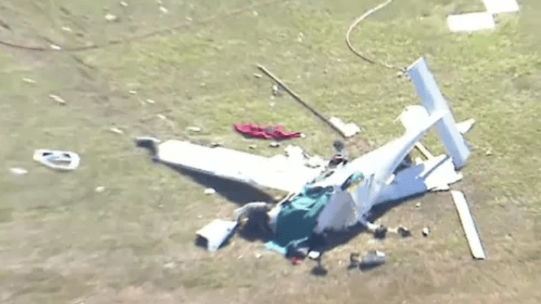 Aerial images of one of two light planes feared to have collided mid-air at the Caboolture Airport. (Image:Channel 9)
