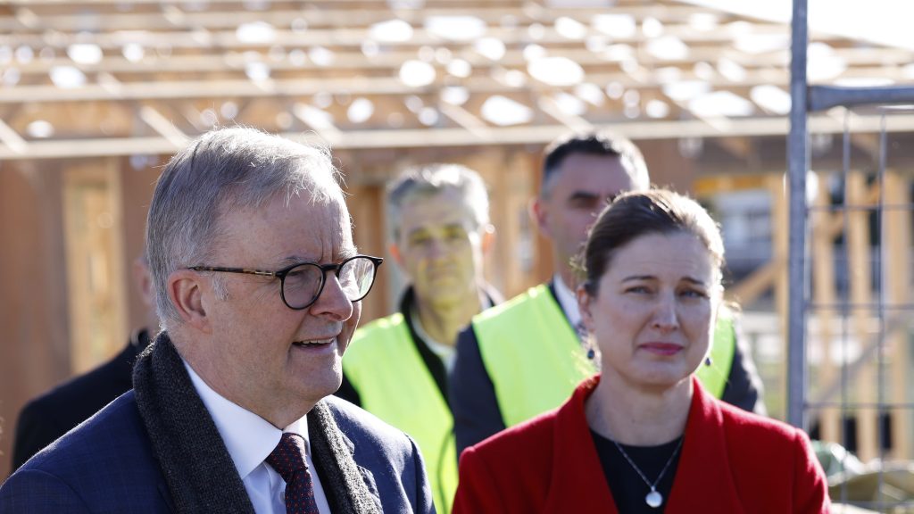 Australian Prime Minister Anthony Albanese (left) and Minister for Housing Julie Collins during a visit to Bridgewater in Hobart, Tasmania, Wednesday, June 22, 2022. (AAP Image/Rob Blakers)