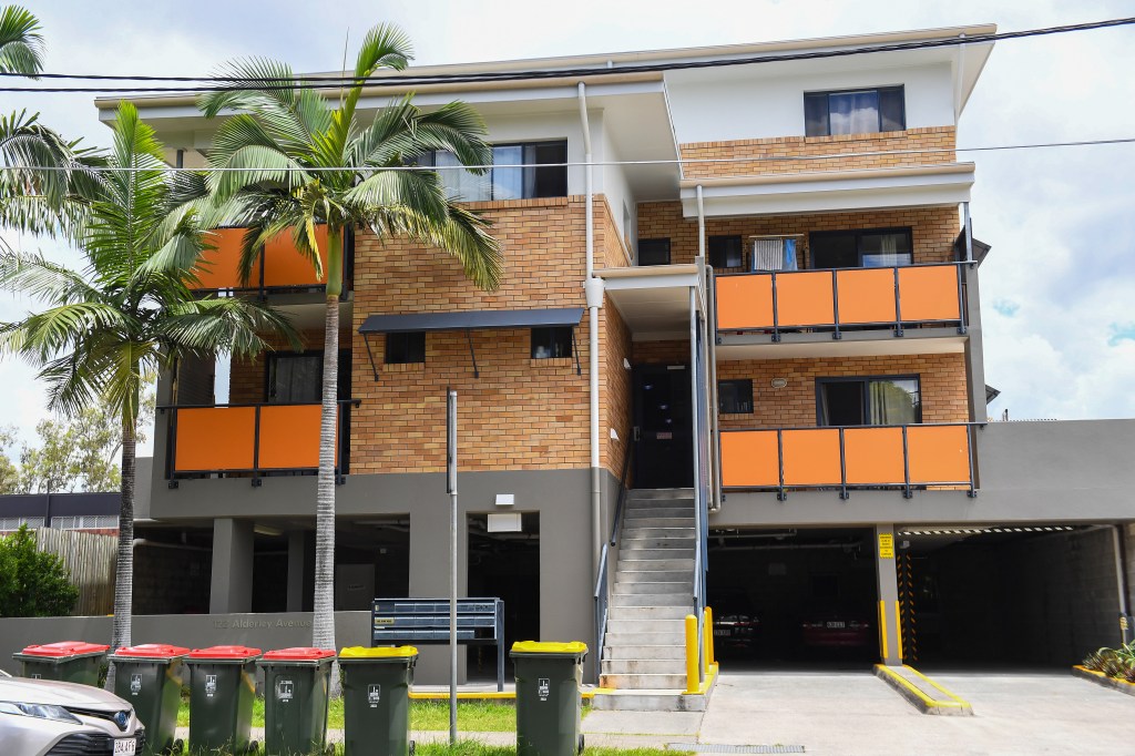 A block of units is seen in Alderly, where skeletal remains were found in December 2022, Brisbane, Thursday, January 12, 2023. (AAP Image/Jono Searle) 