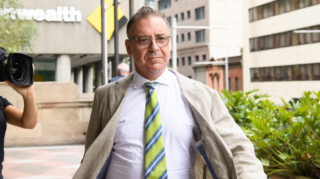 Andrew O’Keefe arrives at the Downing Centre Local Court in Sydney, Tuesday, February 7, 2023. (AAP Image/Bianca De Marchi) 