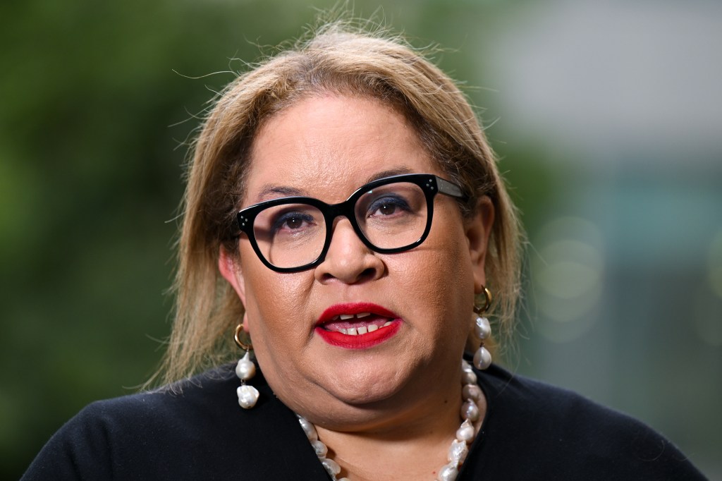Professor Megan Davis speaks to the media at Parliament House in Canberra. (AAP Image/Lukas Coch) 