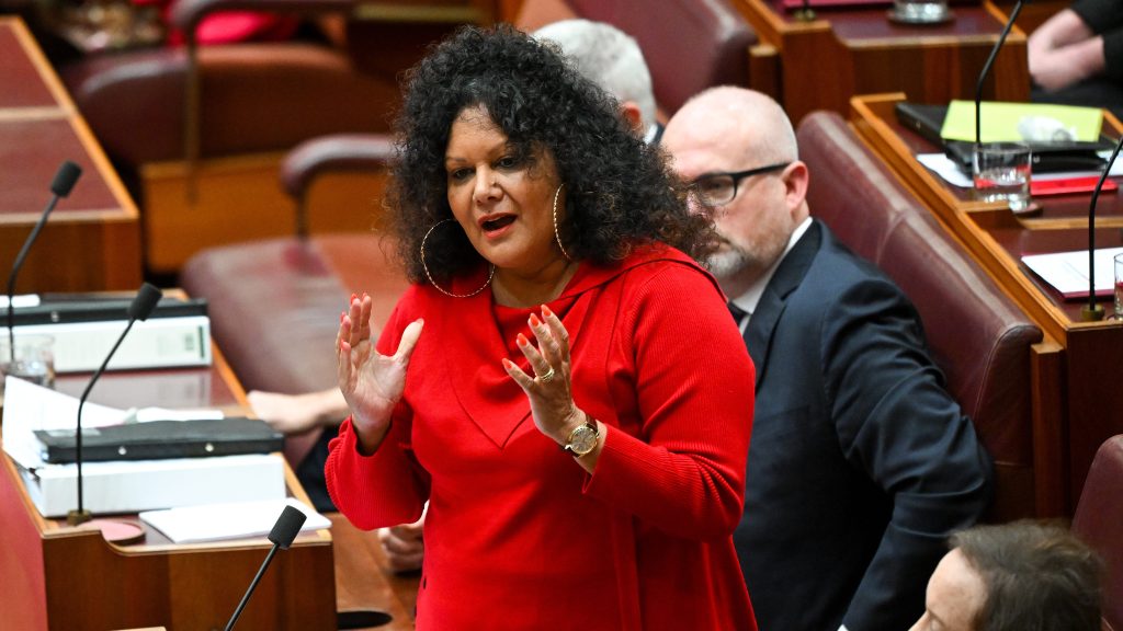 Labor Senator Malarndirri McCarthy speaks during debate on the Voice to Parliament in the Senate chamber at Parliament House, in Canberra.By Maeve Bannister in Canberra. (AAP Image).
