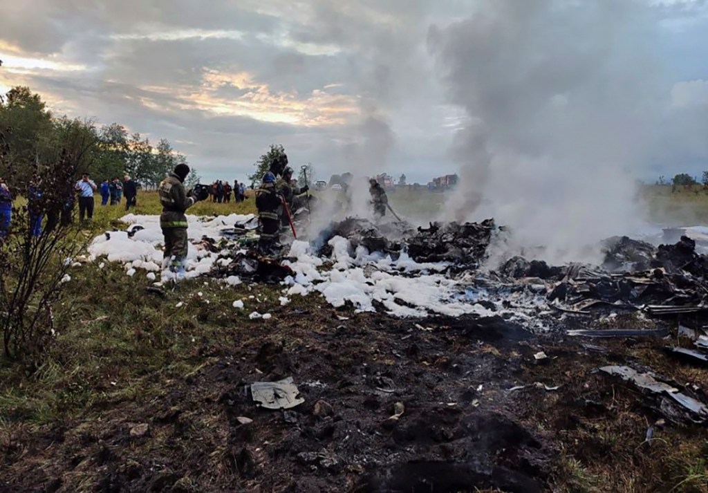 Russian emergency service at the site of the plane crash near the village of Kuzhenkino.  An investigation was launched into the crash  the Russian Federal Air Transport Agency said in a statement. Among the passengers was Yevgeny Prigozhin, the agency reported.  EPA/RUSSIAN ONLY/NO SALES