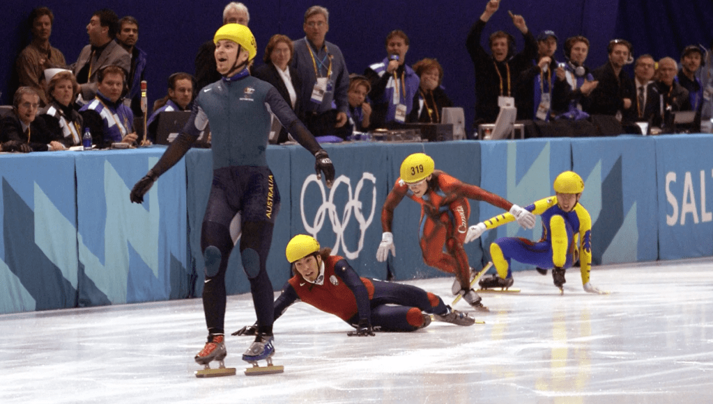 The Hollywood moment when Brisbane's Steve Bradbury officially became an Olympic Games legend - and the subject of a movie that has stalled on the starting blocks. (Image: Olympics.org)