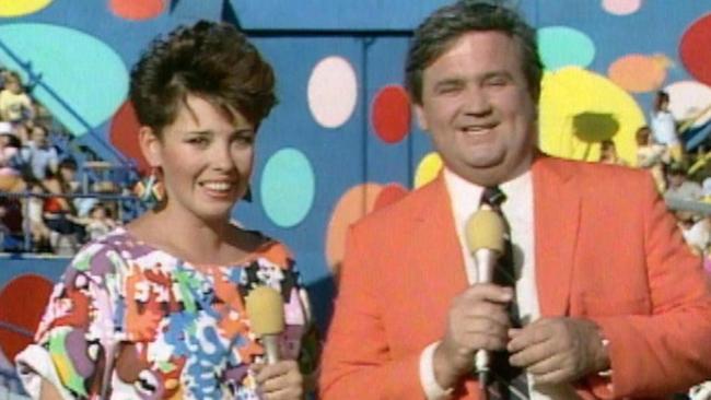 Fiona MacDonald and the late Billy J Smith on TV show "It's a Knockout!".