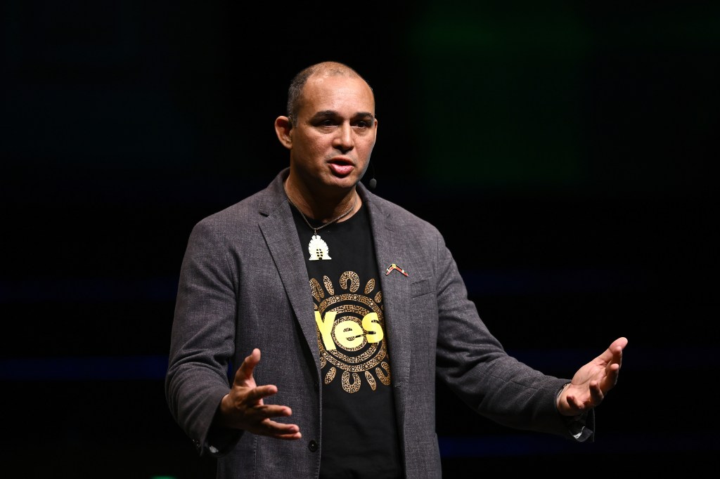 Thomas Mayo, First Nations Referendum Working Group and co-author of The Voice to Parliament Handbook speaks during a Voice To Parliament panel, in Sydney, Wednesday, July 19, 2023. (AAP Image/Dan Himbrechts) 