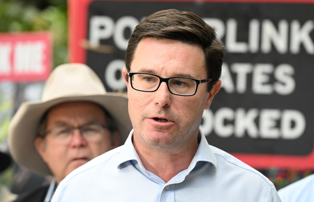 Federal Leader of The Nationals David Littleproud speaks to media during a press conference at Queensland Parliament House in Brisbane, Tuesday, August 22, 2023. David Littleproud joined farmers and environment protesters at a 'Rally Against Reckless Renewables' to protest renewable energy projects being built on prime agricultural land and wildlife habitat. (AAP Image/Darren England) NO ARCHIVING