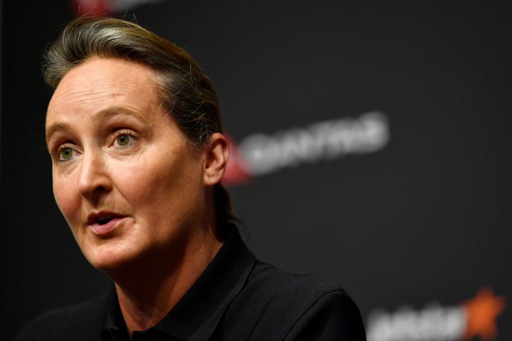 Qantas CEO Vanessa Hudson speaks to media during a press conference at the Qantas Campus in Sydney (AAP Image/Bianca De Marchi) 