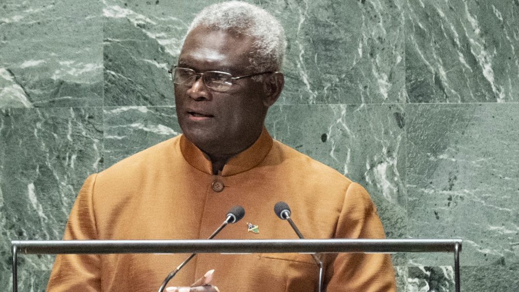 Prime Minister of Solomon Islands Manasseh Damukana Sogavare addresses the 78th session of the United Nations General Assembly, Friday, Sept. 22, 2023. (AP Photo/Craig Ruttle)