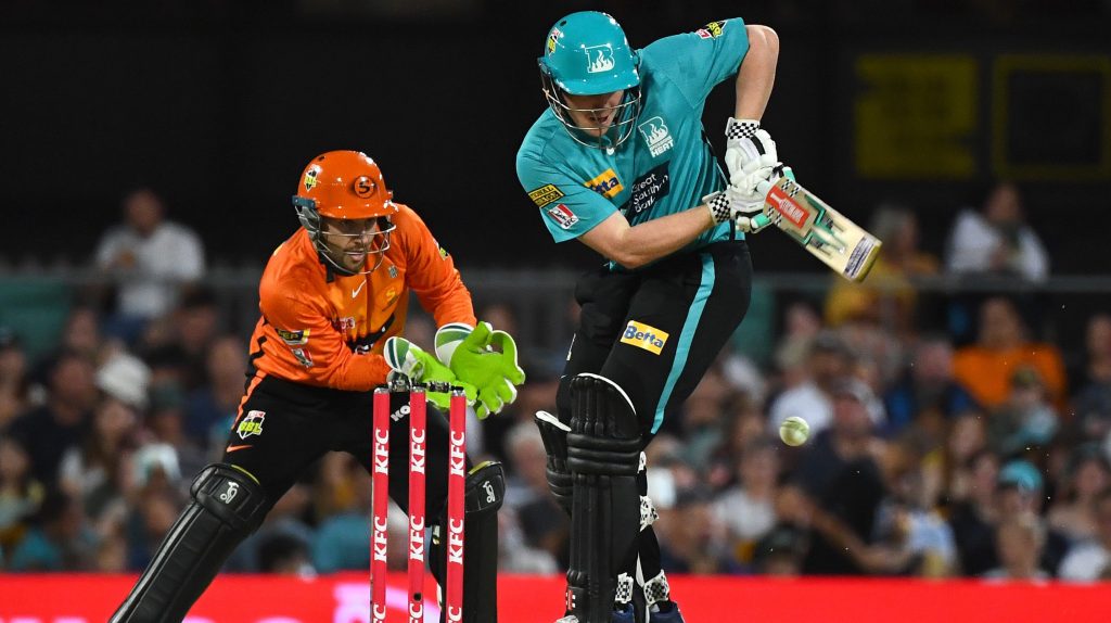 Max Bryant of the Heat plays a shot during the Big Bash League (BBL) cricket match between the Brisbane Heat and the Perth Scorchers at the Gabba in Brisbane (AAP Image/Jono Searle)