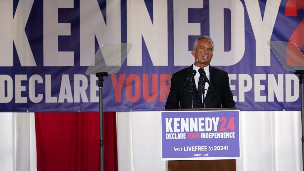 Presidential candidate Robert F. Kennedy, Jr. speaks during a campaign event at Independence Mall, Monday, Oct. 9, 2023, in Philadelphia. (AP Photo/Matt Rourke)