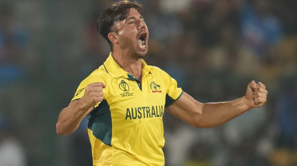 Australia's Marcus Stoinis celebrates the wicket of Pakistan's Imam-ul-Haq during the ICC Men's Cricket World Cup match between Australia and Pakistan. (AP Photo/Aijaz Rahi)