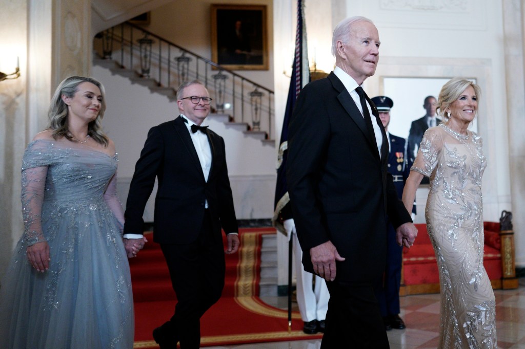 US President Joe Biden and First Lady Jill Biden lead Prime Minister of Australia Anthony Albanese and his partner Jodie Haydon upon their arrival for a White House State Dinner this week.  EPA/Yuri Gripas
