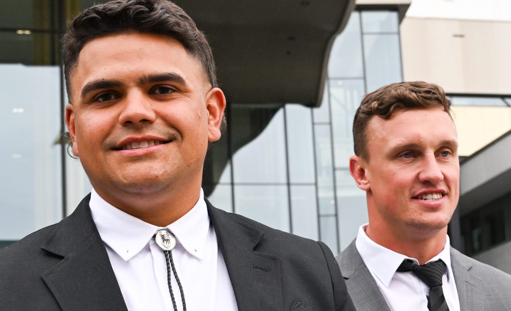 South Sydney Rabbitohs player Latrell Mitchell and Canberra Raiders player Jack Wighton leave the ACT Magistrates Court. (AAP Image/Lukas Coch) 