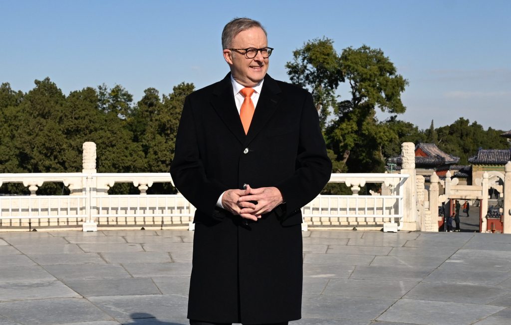 Australia’s Prime Minister Anthony Albanese visits the Temple of Heaven in Beijing, China, Monday, November 6, 2023. Anthony Albanese will hold talks in China with President Xi Jinping in the first visit to the Asian nation by a sitting prime minister since 2016. (AAP Image/Lukas Coch) 