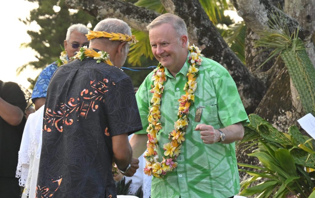 Australia’s Prime Minister Anthony Albanese dances before receiving a gift during a welcome ceremony the Pacific Island Forum (PIF) in Aitutaki, Cook Islands, Wednesday, November 8, 2023. (AAP Image/Mick Tsikas) 