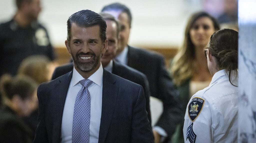 Donald Trump, Jr. leaves the courtroom during a break in the proceedings at his civil business fraud trial at New York Supreme Court, Monday, Nov. 13, 2023, in New York. (AP Photo/Stefan Jeremiah)