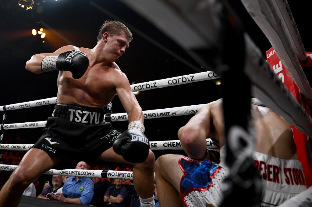 Nikita Tszyu (left) and Dylan Biggs during their Australian Super Welterweight Title fight at the Newcastle Entertainment Centre in Newcastle, Wednesday, November 22, 2023. (AAP Image/Dan Himbrechts) NO ARCHIVING, EDITORIAL USE ONLY