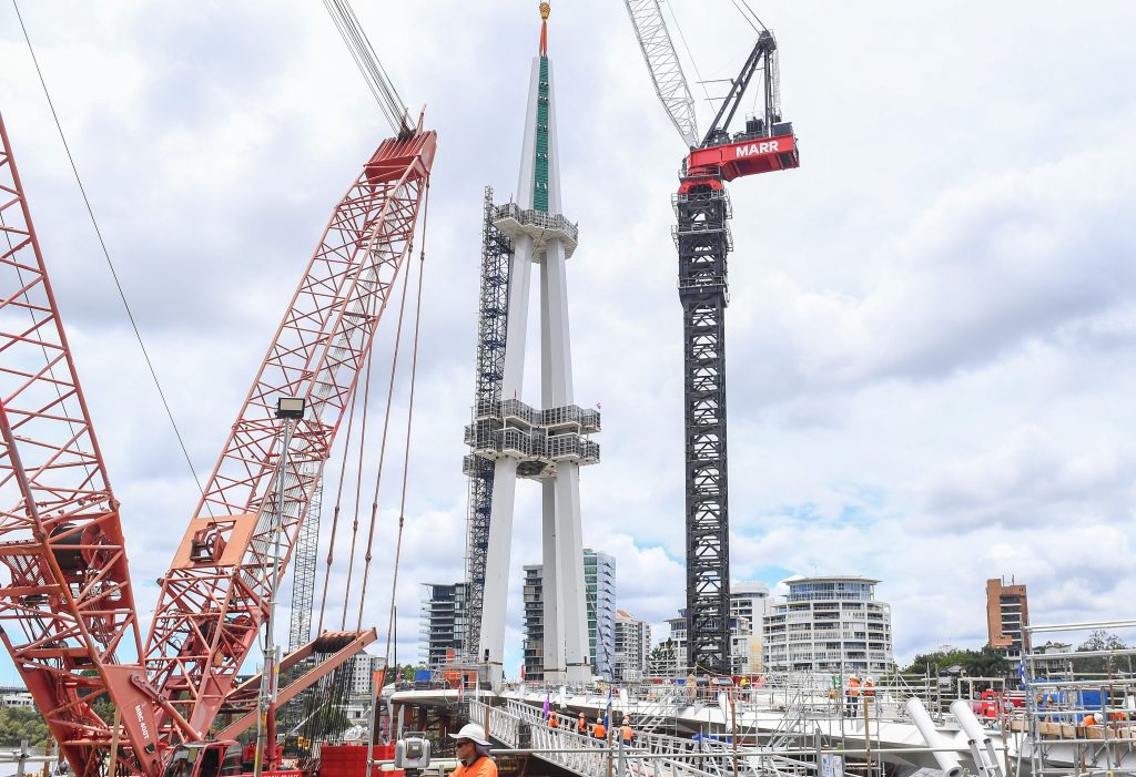 A masthead of the Kangaroo Point Green Bridge (right) is seen recently installed in Brisbane, Wednesday, November 29, 2023. (AAP Image/Jono Searle) 