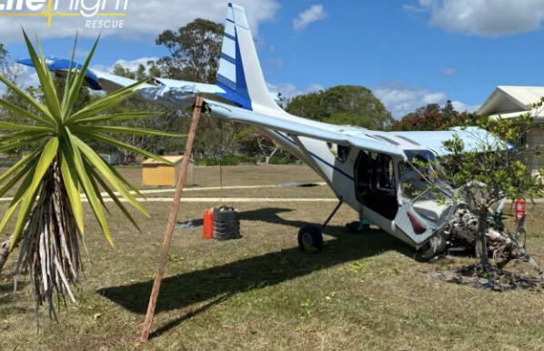 The light plane which cartwheeled while trying to land on a grass airstrip near the hinterland town of Cootharaba on Sunday. (IMAGE:Supplied RACQ Life Flight).