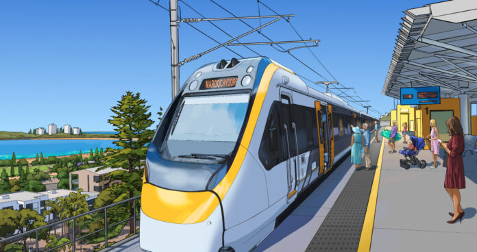 An artist's impression of the Sunshine Coast Direct Rail Line, which could cover 37km and feature six stations. The plan is once again in doubt because of funding issues (Picture: TMR).