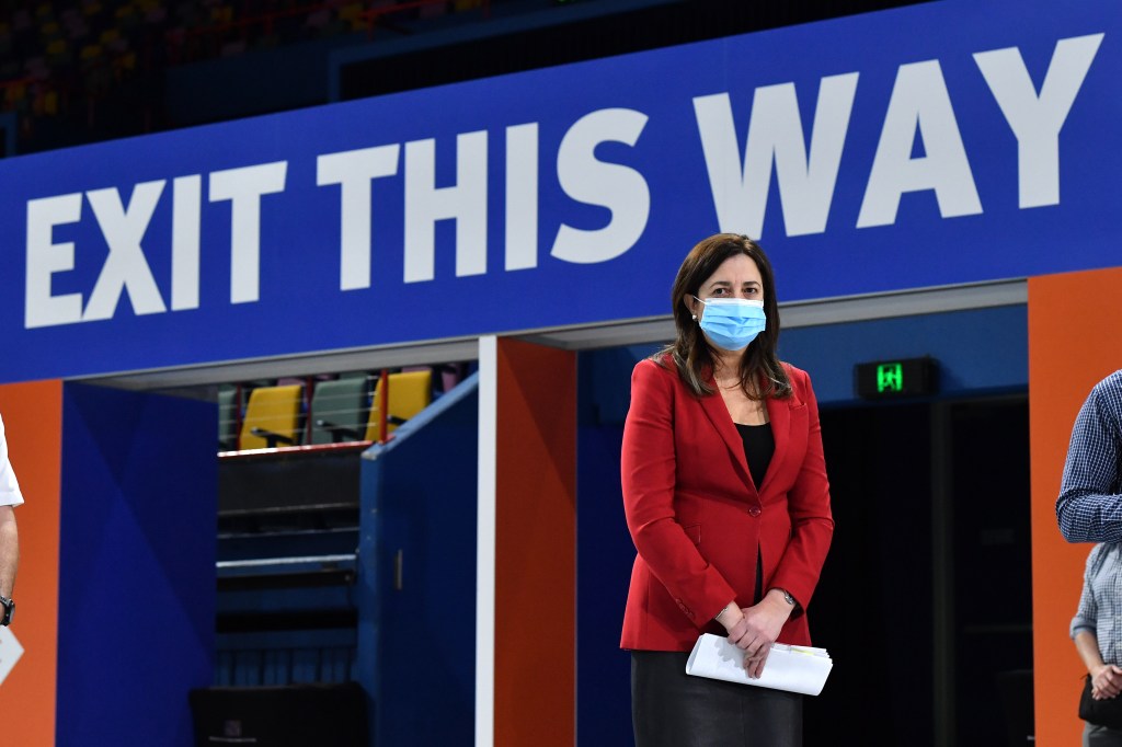 Premier Annastacia Palaszczuk at a mass vaccination hub during the height of the Covid-19 pandemic. (AAP Image/Darren England) 