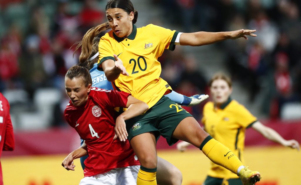 epa10236503 Australia's Samantha Kerr (R) and Denmark's Rikke Sevecke in action during the women's soccer friendly match between Denmark and Australia.  EPA/Johnny Pedersen  