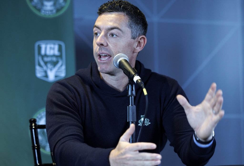 epa10960849 Team member of Boston Common Golf, Rory McIlroy, takes questions during a press conference announcing the team for The Golf League, at the MGM Music Hall in Boston, Massachusetts, USA, 06 November 2023.  EPA/CJ GUNTHER