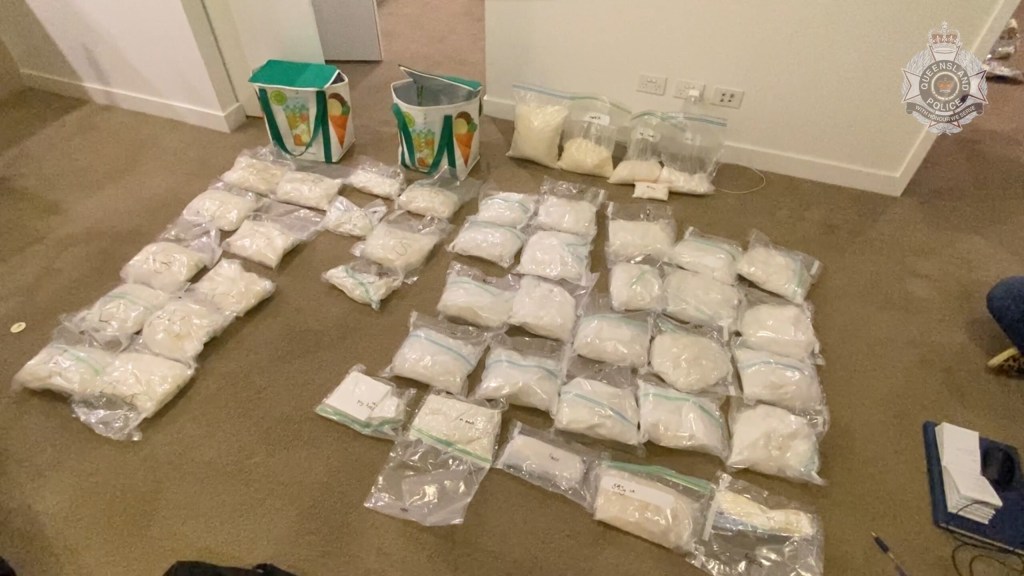 A screenshot from an undated supplied video obtained Friday, January 19, 2024 shows drugs seized from a property during a search warrant in South East Queensland. (AAP Image/Supplied by Queensland Police) 