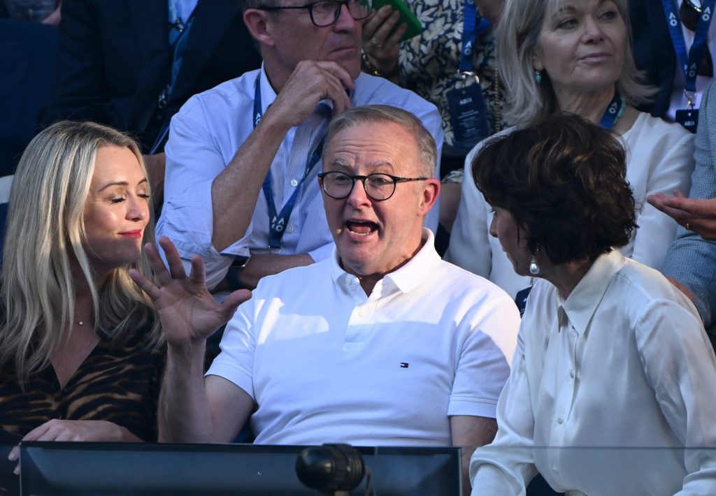 Australian Prime Minister Anthony Albanese is seen prior to the Men’s Singles final between Jannik Sinner of Italy and Daniil Medvedev of Russia on Rod Laver Arena on Day 15 of the 2024 Australian Open at Melbourne Park in Melbourne, Sunday, January 28, 2024. (AAP Image/James Ross) 