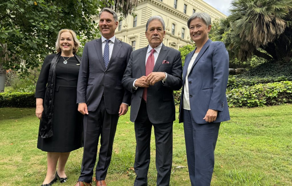 (L-R) New Zealand Defence Minister Judith Collins, Australia Defence Minister Richard Marles, New Zealand Foreign Minister Winston Peters and Australia Foreign Minister Penny Wong at Treasury Gardens, Melbourne, Thursday, February 1, 2024. (AAP Image/Ben McKay)