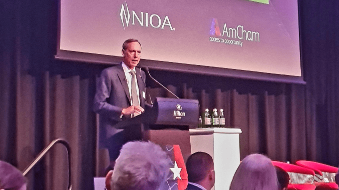Keynote speaker and Brisbane-based munitions manufacturer Robert Nioa speaks at a national security conference in Brisbane this week. (Image: Paula Doneman).